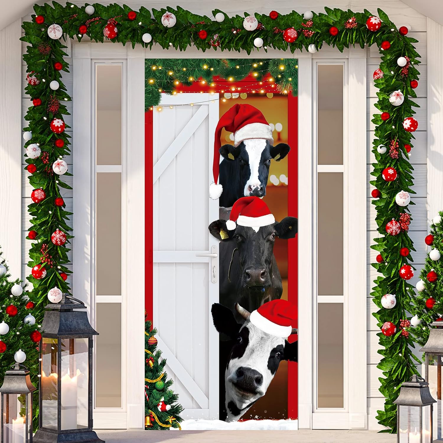 Garage Door Decorations - Door Cover Decoration Funny Christmas In July Animals Door Banner Cute Classroom Door Window Cover Christmas Door Decorations Decorative Door Covers for Front Door Holiday Background Decor (Cow)
