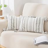 decorUhome Decorative Boho Throw Pillow Covers 12x20 Set of 2, Lumbar Accent Neutral Textured Tufted Pillow Covers Striped for Couch Bed Sofa Living Room, Grey and Cream White