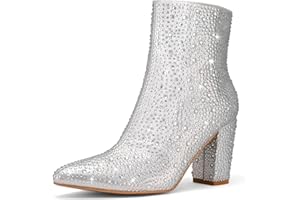 Rollda Rhinestone Boots for Women Glitter Ankle Boots Pointed Toe Block Chunky Heel Boots Sparkly Booties