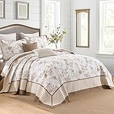 SOElinens Queen Bedspreads 102x120 - Botanical Floral Farmhouse Reversible Oversized Queen Quilt Set, 3-Piece Lightweight Thin Comforter Coverlet Set with 2 Pillow Shams, 100% Cotton, Brown/Oatmeal