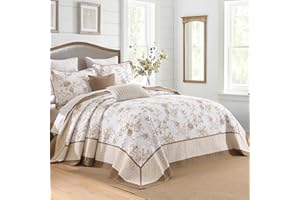 SOElinens Oversized King Bedspreads 128x120 Extra Wide - Botanical Floral Farmhouse Reversible California King Quilt Set, 3-Piece Lightweight Thin Comforter Coverlet Set, Cal King, Brown/Oatmeal
