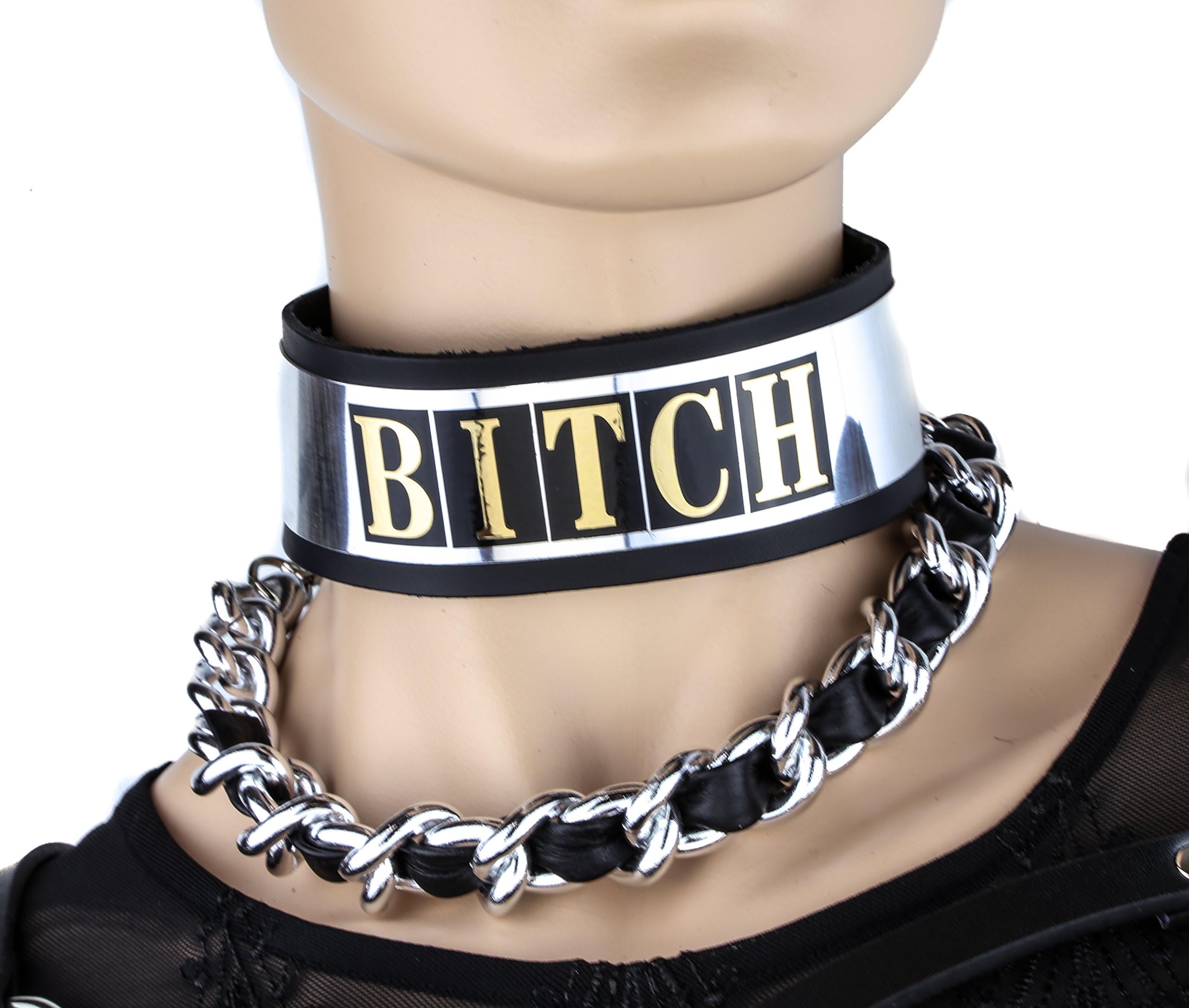 Metal Plate Whore Collar Genuine Leather Choker with Buckle Silver