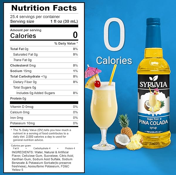 SYRUVIA SUGAR-FREE PINA COLADA SYRUP – 25.4 FL OZ. PREMIUM COFFEE FLAVORING SYRUP. 0 CALORIES, KOSHER, AND GLUTEN-FREE. PERFECT FOR DRINKS, SODAS, SHAKES, DESSERTS, AND MORE.