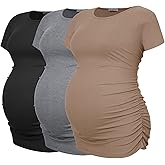 Smallshow Women's Maternity Shirts Ribbed Ruched Pregnancy Clothes Tops 3 Packs