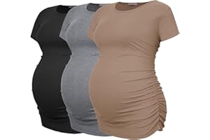 Smallshow Women's Ribbed Maternity Shirt Side Ruched Pregnancy Clothes 3-Pack