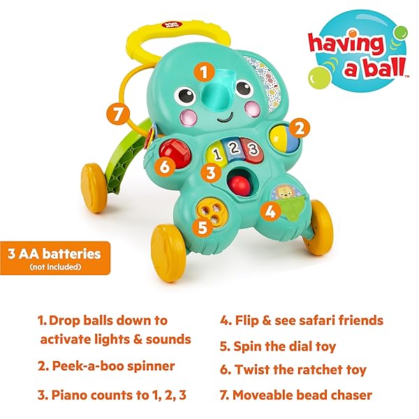 BRIGHT STARTS STROLL ‘N ROLL 2-IN-1-BALL PUSH WALKER – INCLUDES 3 TOY BALLS, ELEPHANT WITH 70+ SONGS & SOUNDS, 7 ACTIVITIES – BALL DROP, PIANO, SPINNER, FLIP BOOK & MORE