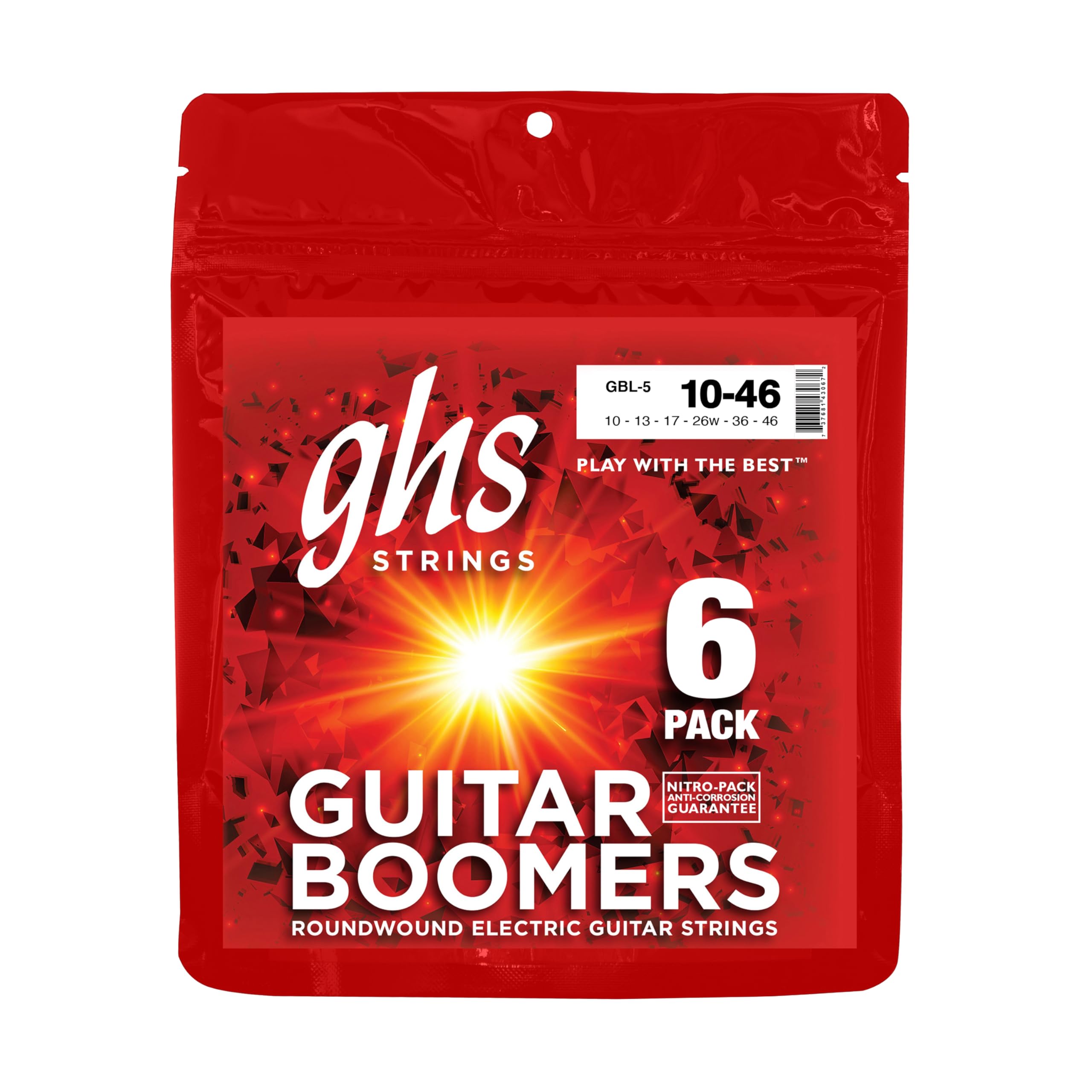 GHS Strings GBL-5 Guitar Boomers, Nickel-Plated Electric Guitar Strings, Light, 6 Pack (.010-.046)