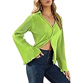 KOJOOIN Women's Y2k V Neck Button Front Shirts Bright Green