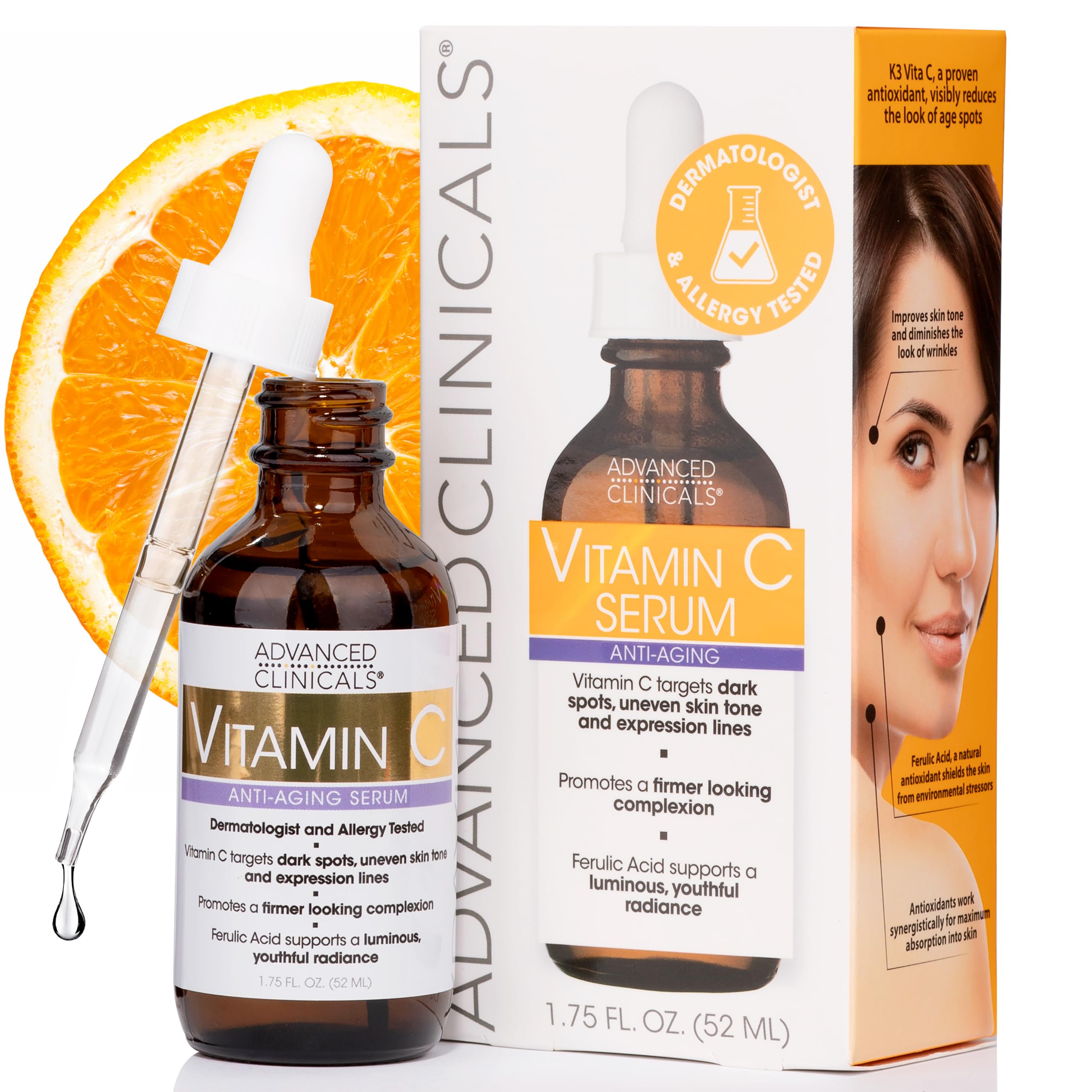 Advanced Clinicals Brightening Vitamin C Serum For Face With Glycolic Acid + Lactic Acid | Vitamin C Eye Serum Face Moisturizer For Improving Look Of Dark Spots & Uneven Complexion, 1.75 Fl Oz