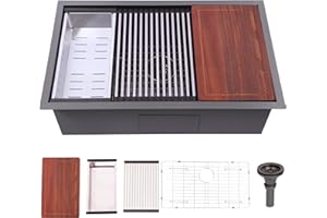 KINGO HOME 32 Inch Black Undermount Kitchen Sink, Stainless Steel Undermount Sinks Workstation Single Bowl 16 Gauge Under Counter Kitchen Sink Basin 32x19x9 Inch