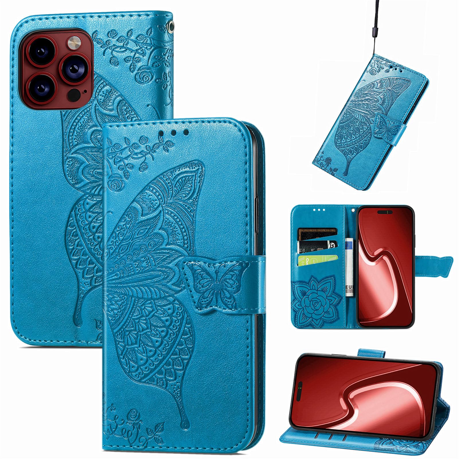JIUNINE Case for Apple iPhone 15 Pro, Leather Wallet Case Flip Cover with Butterfly Embossed Pattern [Card Holder] [Magnetic Closure] [TPU Inner Shell] for Apple iPhone 15 Pro, Blue