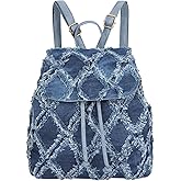 Hyuyikuwol Women Denim Mini Bucket Shoulder Crossbody Bag Drawstring Quilted Distressed Tassel Barrel Shape Satchel Purse