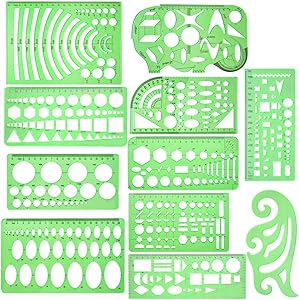 11 Piece Geometric Drawing Template Measuring Ruler, Transparent Green Plastic Ruler with Portable Plastic Bag for, for Studying, Designing and Building