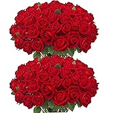 Ouddy Decor 50 Pcs Fake Red Roses Artificial Flowers Bulk Real Touch Velvet Silk Flowers with Long Stems for Wedding Bridal Bouquet DIY Table Centerpiece Arrangement Valentines Gifts Home Decor, Red
