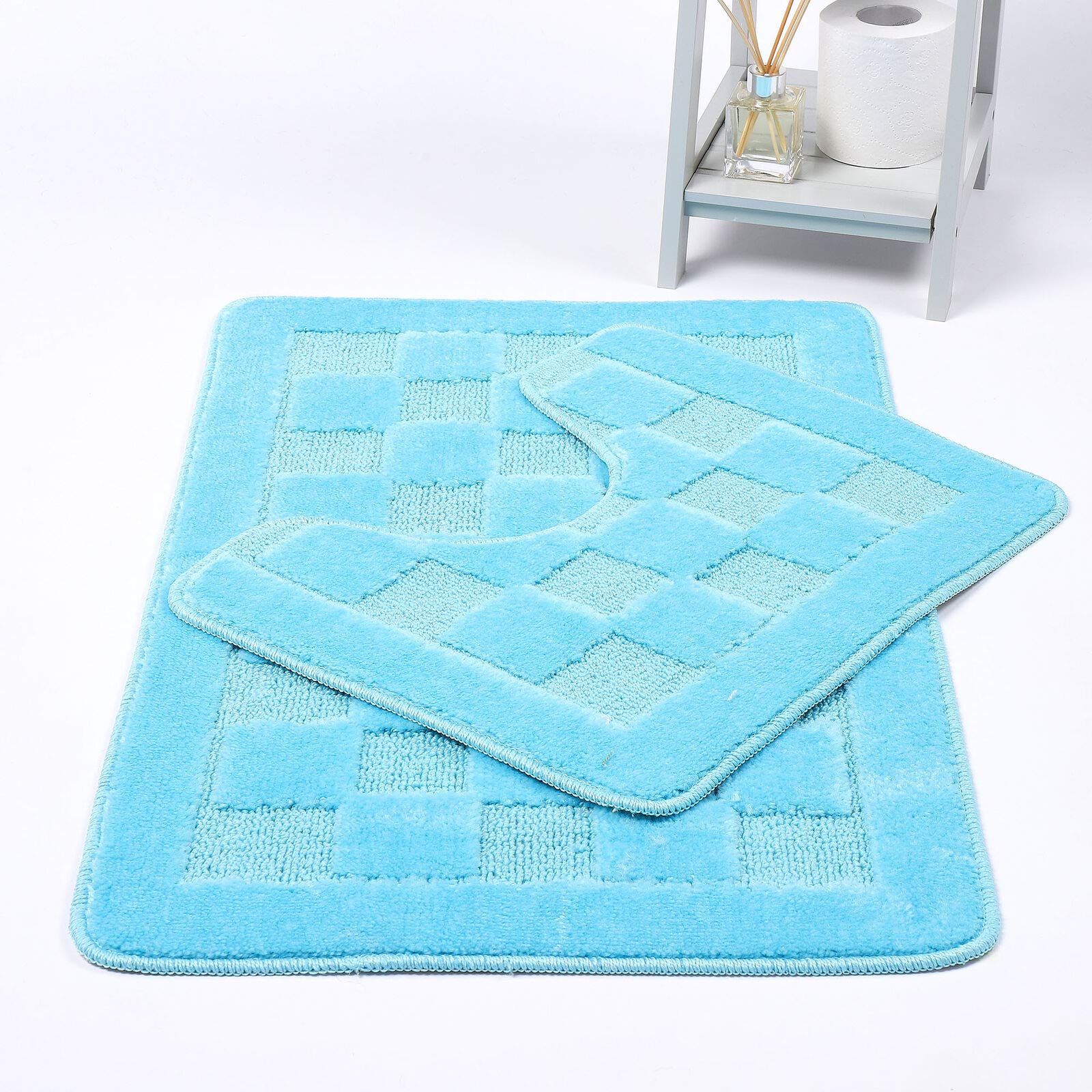 NIGHTZONE Squares 2 Piece Bath Mat & Pedestal Set Non Slip Extra Absorbent Bathroom Toilet Rug Bath Mats Set (Sky Blue)