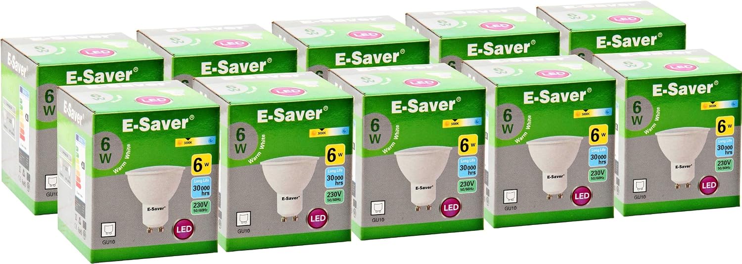 E-Saver, GU10 LED Bulbs, 6w = 60watt, (Pack of 10), Warm White 3000k