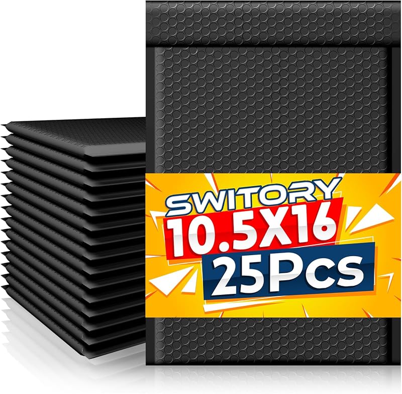 Switory 25Pack Padded Bubble Mailers Black 26.7x38cm Self-Adhesive Envelopes