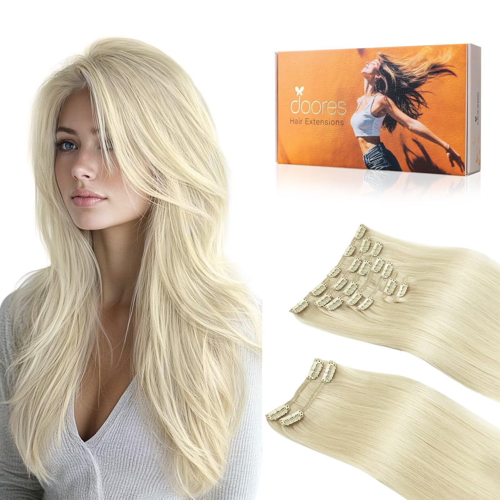 Photo 1 of DOORES Hair Extensions Clip in Human Hair, Platinum Blonde 150g 9pcs 20 Inch, Remy Human Hair Extensions Clip in Human Hair Extensions Clip ins Real Natural Hair Extensions Straight Thick
