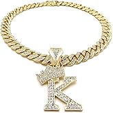 BLINGFACTORY Hip Hop Alphabet Initial K Pendant & 12mm 18" Full Iced Box Lock Cuban Chain Necklace