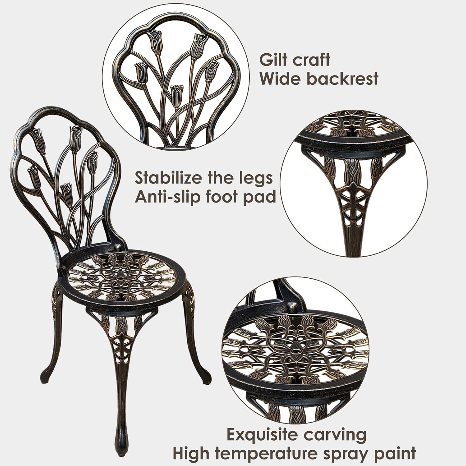 Jardin de panda Bistro Table Set, Outrora 3 Piece Outdoor Patio Set Rust-Resistant Cast Aluminum Tulip Design Outdoor Table and Chairs Furniture with Umbrella Hole (Antique Copper): Garden & Outdoor