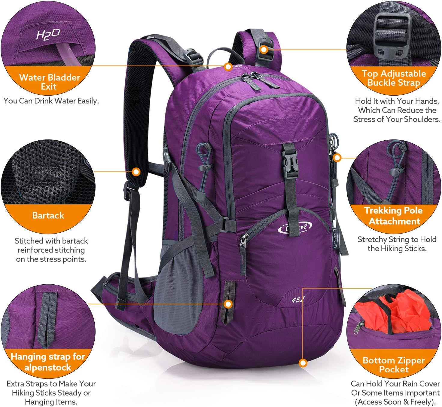 G4Free 45L Waterproof Hiking Backpack with Rain Cover Large Rucksack Travel Daypack for Outdoor Camping Mountaineering Trekking - Image 4
