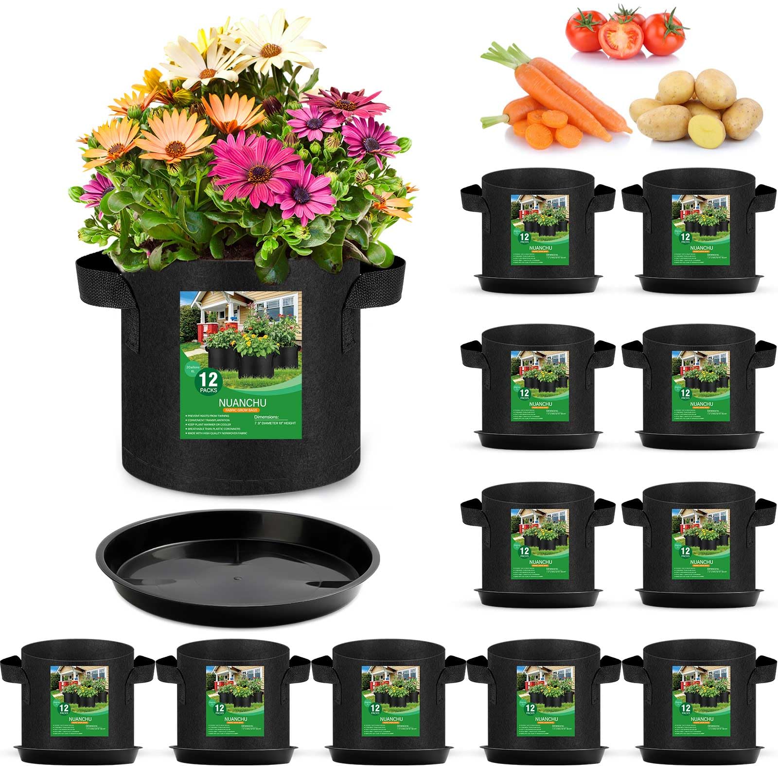 Photo 1 of **ONLY HALF** Funnymoom 6 Sets 2 Gallon Grow Bags with Plant Saucers, Durable Fabric Plant Pots with Handles, Aeration Drainage Planter Bags for Planter, Reusable Garden Bags Drip Trays Set for Indoor Outdoor