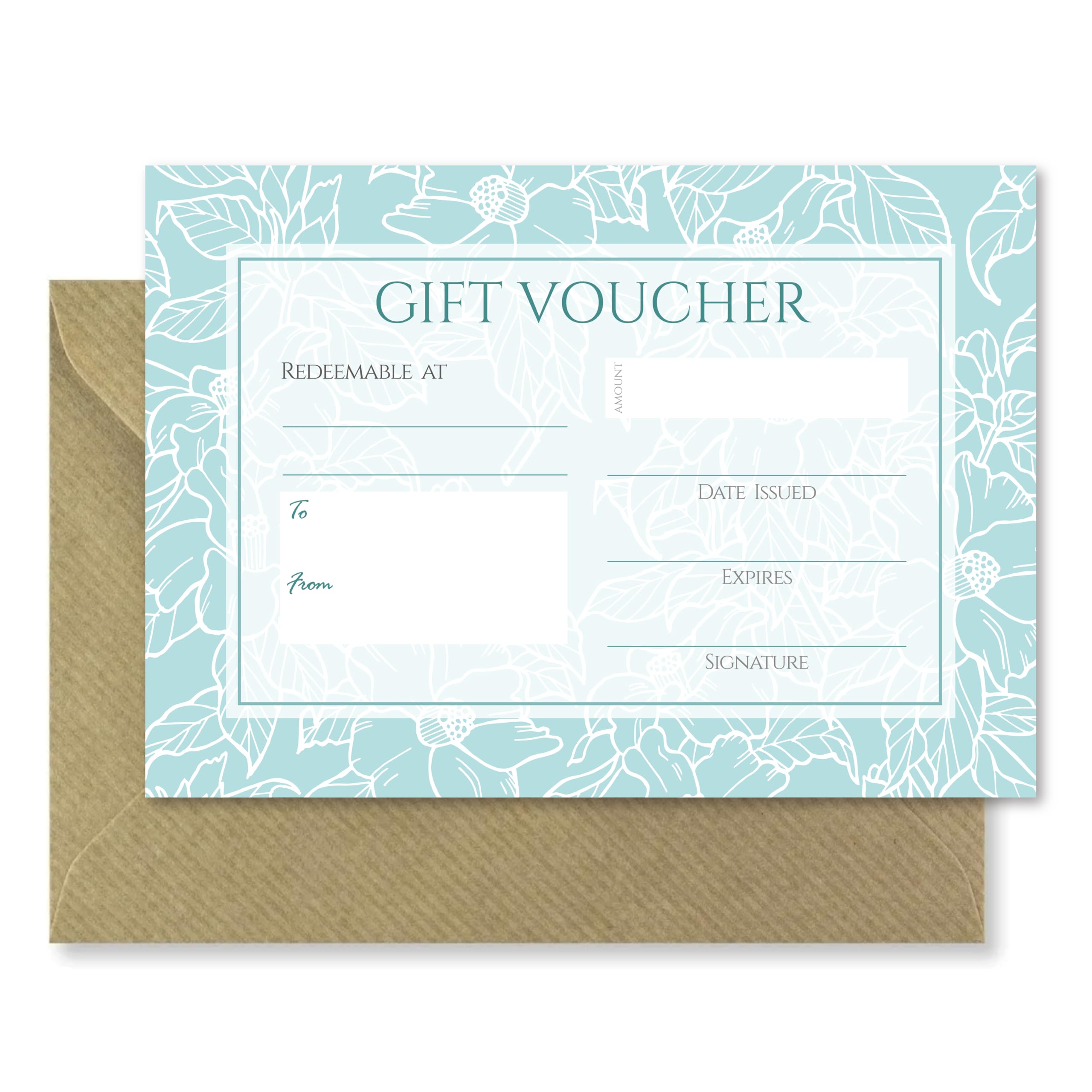 20 x Blank Gift Vouchers & Envelopes - Double Sided Teal Floral Design Tokens - Salon, Beauty, Hair, Massage, Lashes, Nails