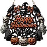 Halloween Front Door Wooden Wreath Sign Home Party Decoration | Happy Halloween Spooky Decor with Pumpkin Ghost Bat Spider Black Cat, Rustic Hanging Wall Sign