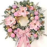 Pink Christmas Wreath for Front Door, 22 Inch Pink Magnolia Wreath, 1 Pc | Pre-Lit Pink Christmas Wreath with Bow & Ornaments, Pink Wreath for Window Porch Wall Indoor Outdoor Winter Christmas Decor