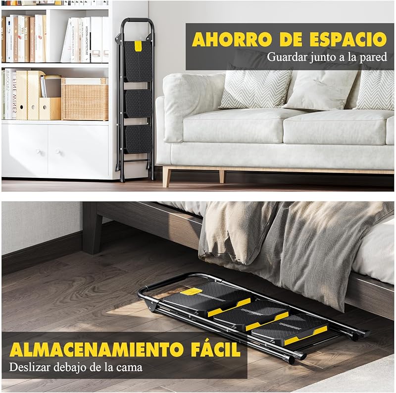 Escada dobrável de 3 degraus com fechadura de segurança, carga doméstica de tesoura até 360kg com pedal antiderrapante largo, corrimão, banco de aço para cozinha doméstica, preto