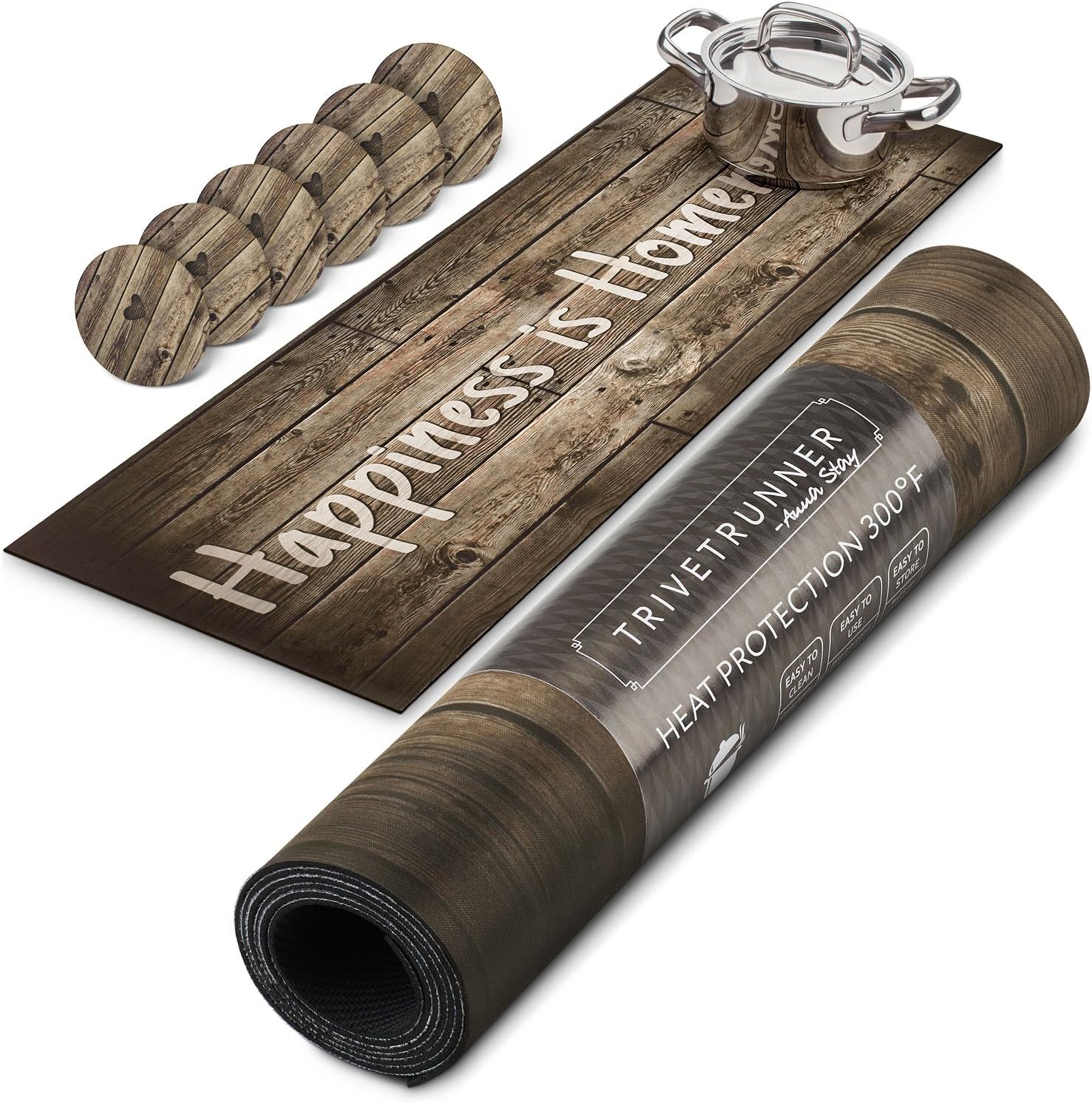 Wooden Rustic Set Trivetrunner with Coasters (6 pcs) :Decorative Trivet and Kitchen Table Runners Handles Heat Up to 300F, Anti Slip,Waterproof, and Convenient for Hot Dishes and Pots (Wood Rustic)