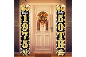 GUIRUIY 50th Birthday Party Banner Lighted Decorations for Men and Women - Black Gold Vintage 1975 50th Birthday Door Banners with LED Light, Fifty Years Birthday Party Supplies for Indoor Outdoor Decor