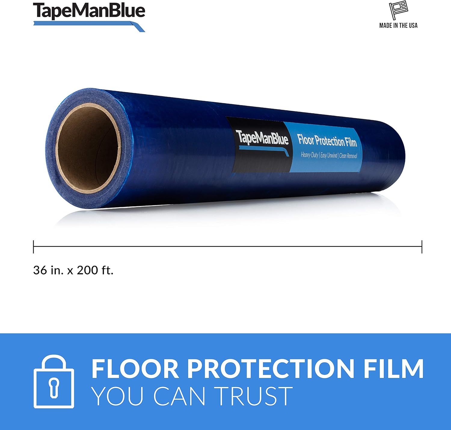 Floor Protection Film 36" x 200' Roll. Made in The USA. Easy Unwind, Clean Removal, Durable Surface Protection. Blue, Self Adhesive Protective Floor Tape for Hardwood Floors, Tile & Hard Surfaces. - - 