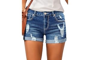 LookbookStore Women's High Waisted Rolled Hem Distressed Jeans Ripped Denim Shorts
