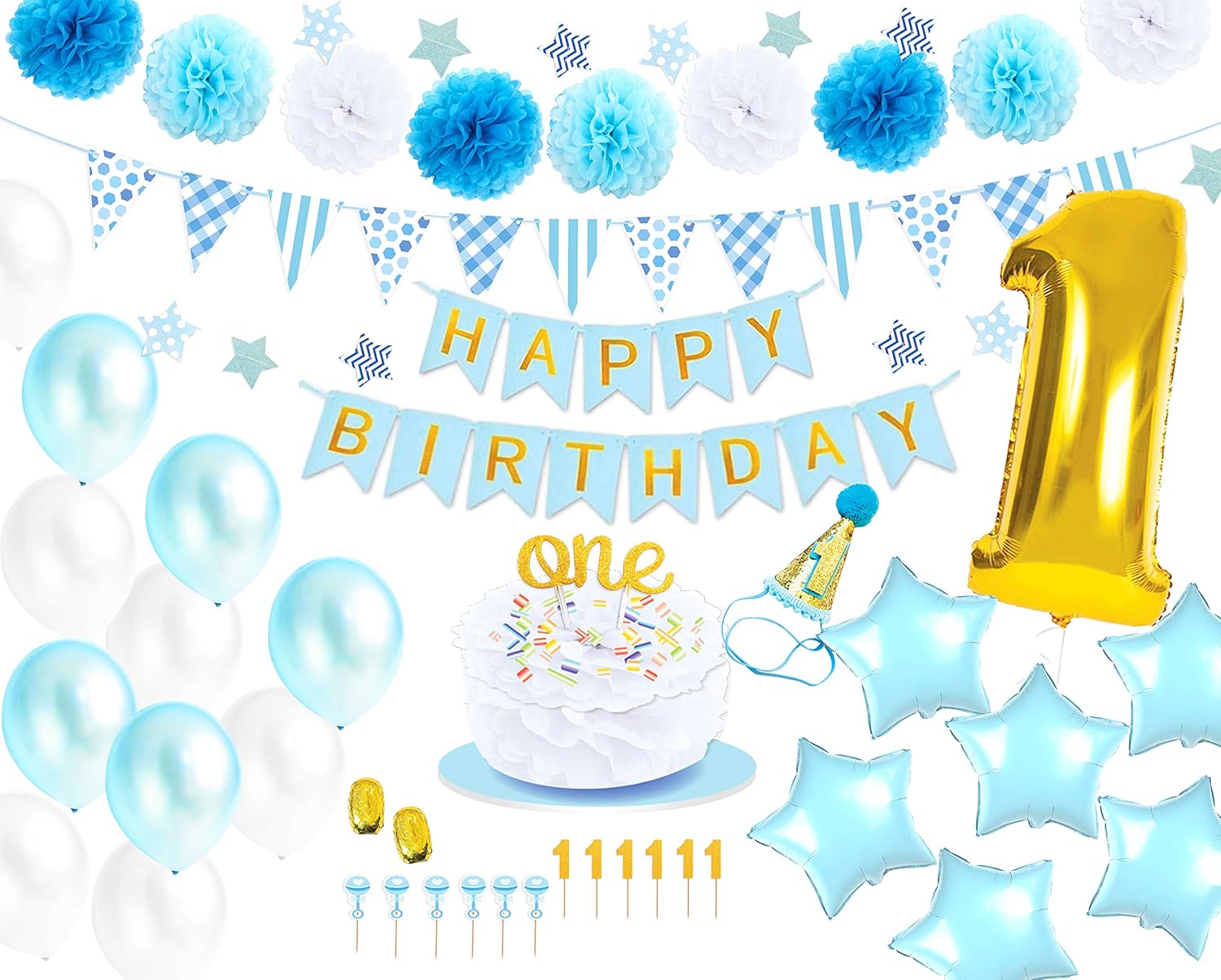 Monka 1st Birthday Birthday Decor for Baby Boy,First Birthday Party Supplies, Boy Turns One Celebration,Sky Blue Gold Color Latex and Foil Balloons,Happy Birthday Banner,Star Garland,Pompom,Cake Toppers etc