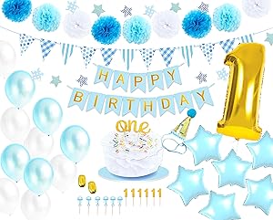 Monka 1st Birthday Birthday Decor for Baby Boy,First Birthday Party Supplies, Boy Turns One Celebration,Sky Blue Gold Color Latex and Foil Balloons,Happy Birthday Banner,Star Garland,Pompom,Cake Toppers etc