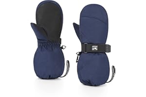 HIGHCAMP Kids Long Cuff Winter Gloves with Stay-on Strap Waterproof Mittens for Toddler Children Snow Ski