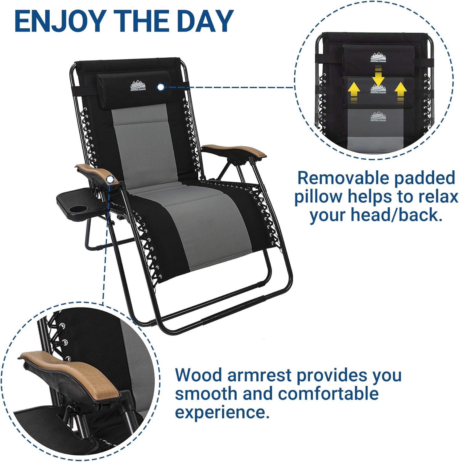 Coastrail Outdoor Zero Gravity Wood Armrest XXL Camping Lounge Patio Support 400lbs Padded Reclining Folding Lawn Chair with Side Table, Black/Gray: Garden & Outdoor