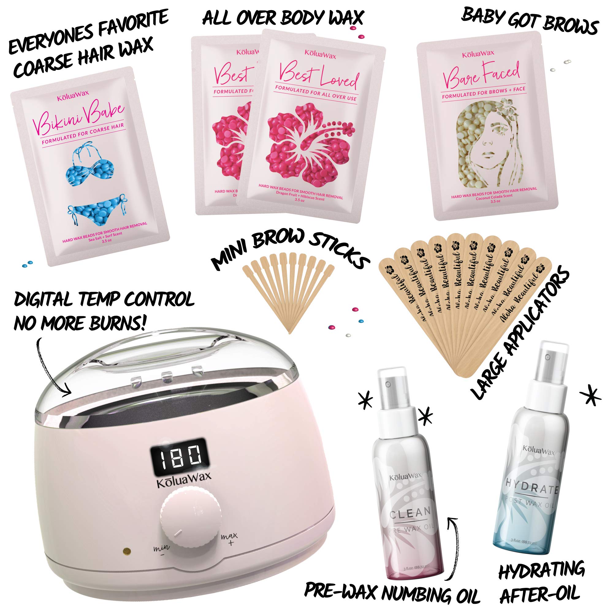 Waxing Kit Digital Wax Warmer Hair Removal with Hard Wax Beans. Kolua Wax Machine- Multiple Wax Beads Formulas for ALL Hair Types, Eyebrow, Facial, Body, Bikini, Brazilian, for Women 20 Applicators