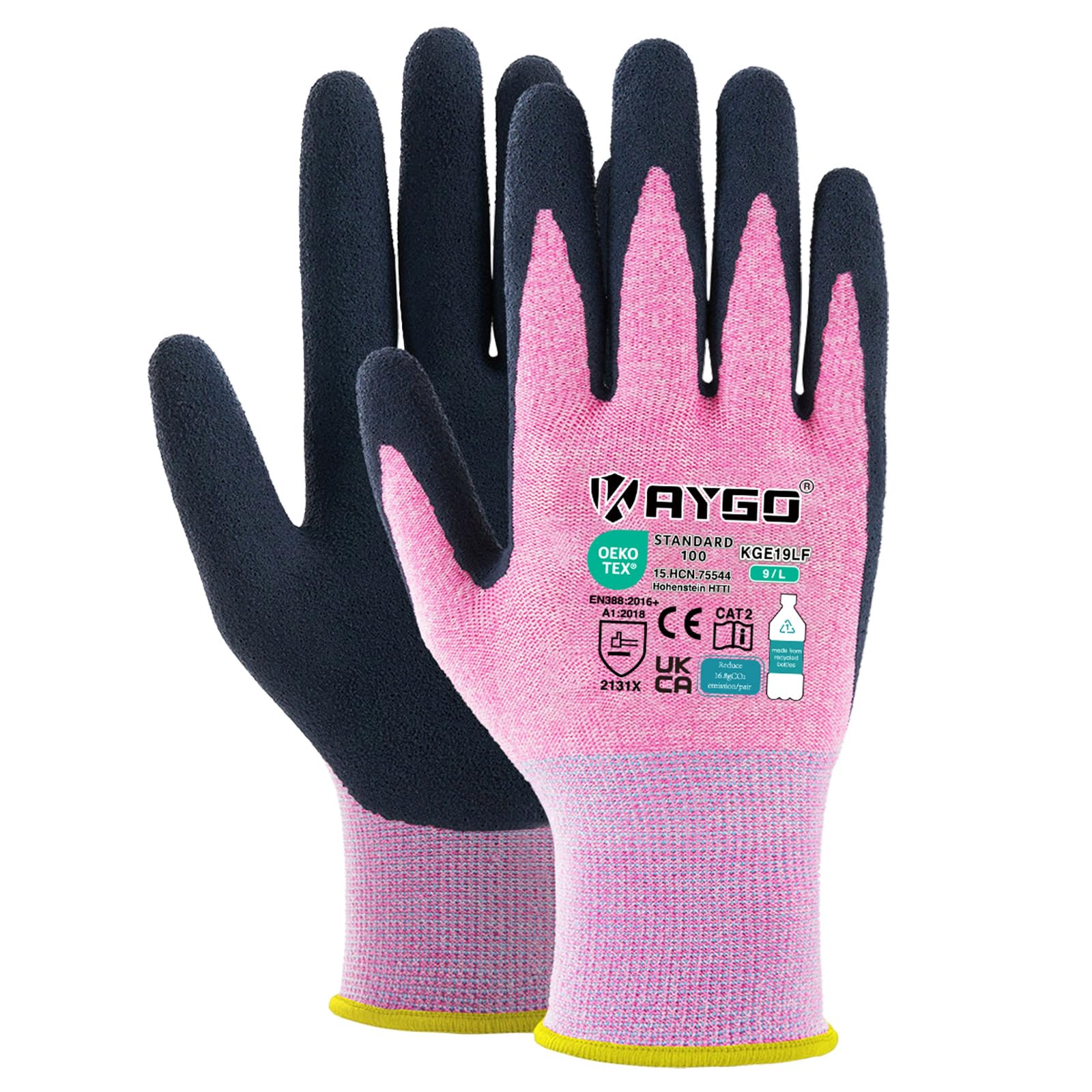 KAYGO Latex Coated Work Gloves for Women Breathable, 3 Pairs Recycled Polyester Gardening Gloves, Eco Friendly Safety Yard Work Gloves for Ladies, KGE19L (Pink, Large) — image 1