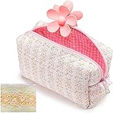 Paterr Cotton Quilted Makeup Bag Valentine Bridesmaid Gifts Small Cute Cosmetic Bag for Women Floral Coquette Bow Aesthetic Travel Toiletry Pouch Pencil Case for Mother's Day(Pink Floral)