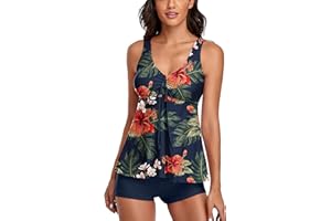 Omichic Modest Tankini Swimsuits for Women Two Piece Bathing Suits Floral Print Tank Top with Boyshorts