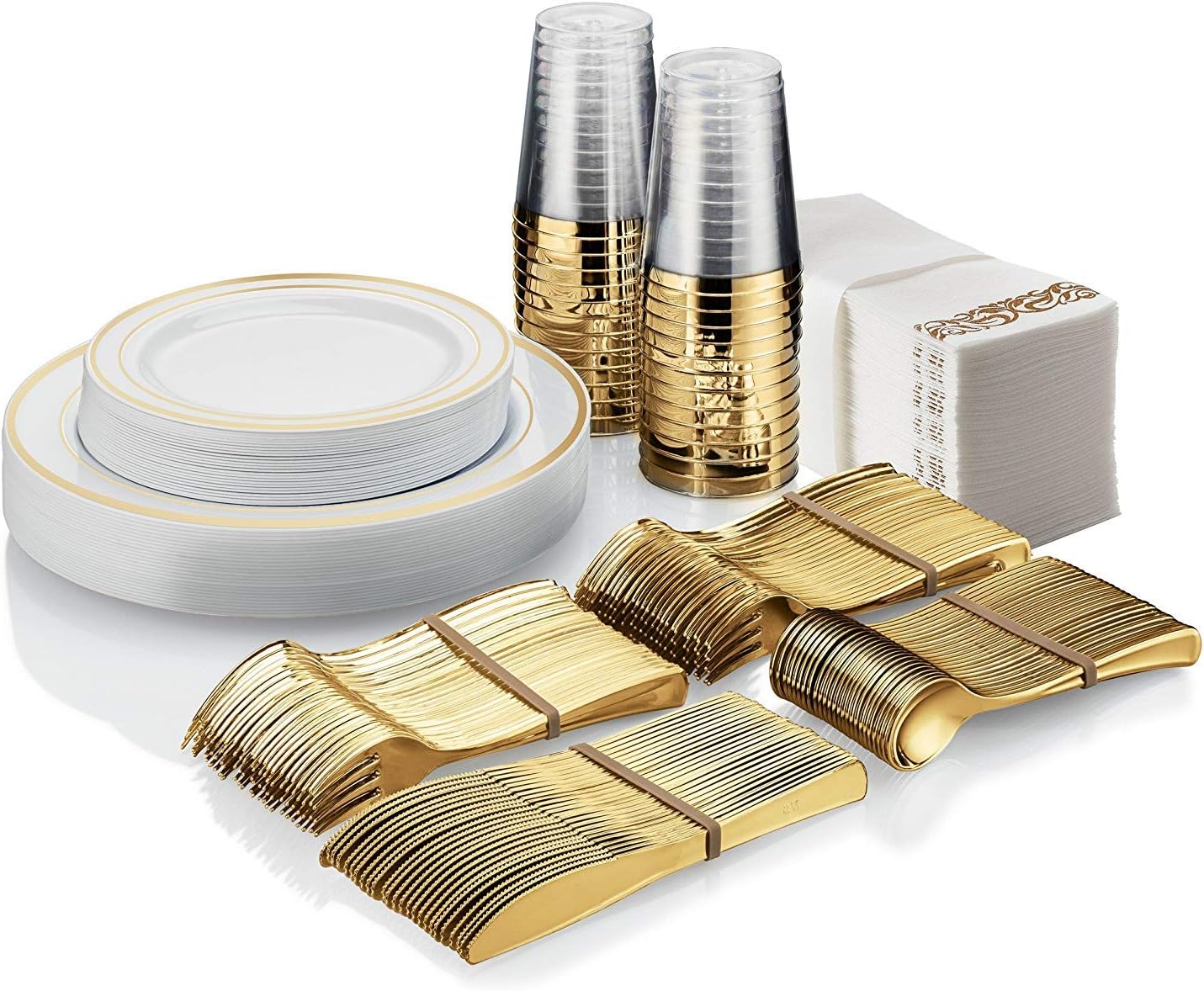25 Guest Disposable Gold Plastic Dinnerware Set ​​| 50 Forks, 25 Spoons, 25 Dessert Spoons, 25 Knives, 25 Dinner Plates, 25 Dessert Plates & 25 Gold Rimmed Cups | Bonus 50 Guest Towels