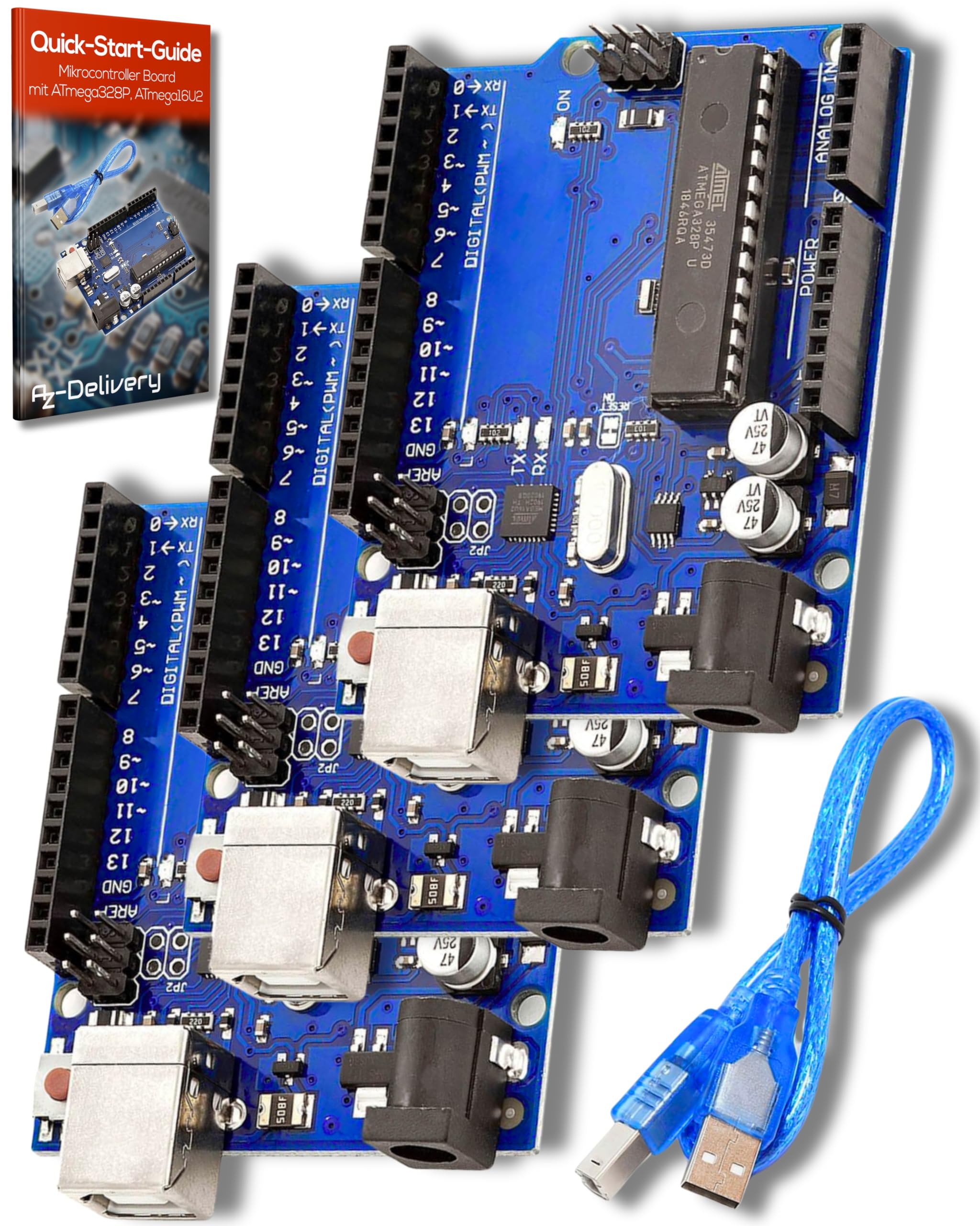 AZDelivery 3 x Compatible with ATmega328P Compatible with ATmega16U2 8-bit Microcontroller Board including E-book!