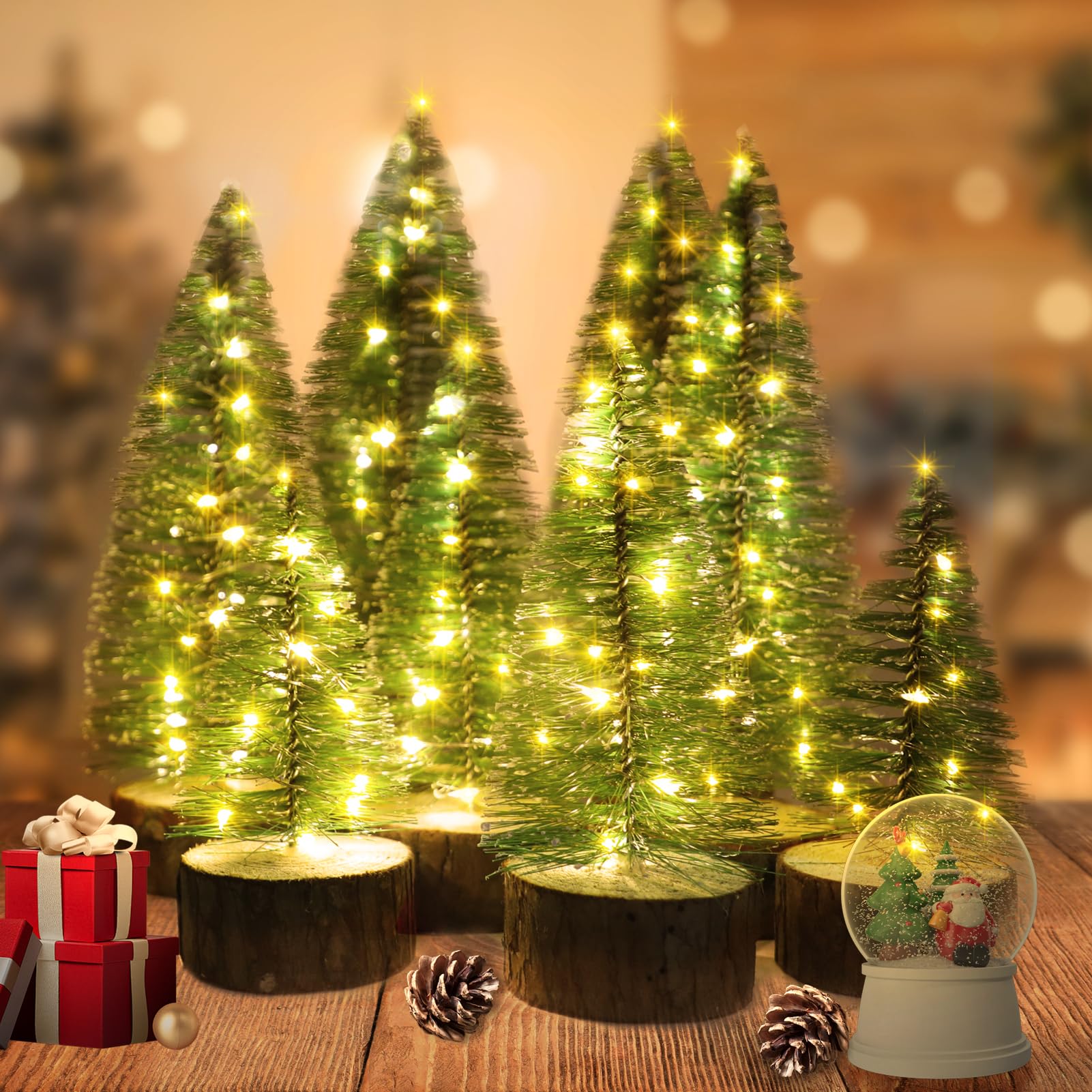 Photo 1 of 8 PCS Mini Christmas Trees, 2 Modes Artificial Bottle Brush Trees with Timer LED String Lights Desktop Small Pine Trees with Wooden Base for Home Xmas Decor (Warm White)