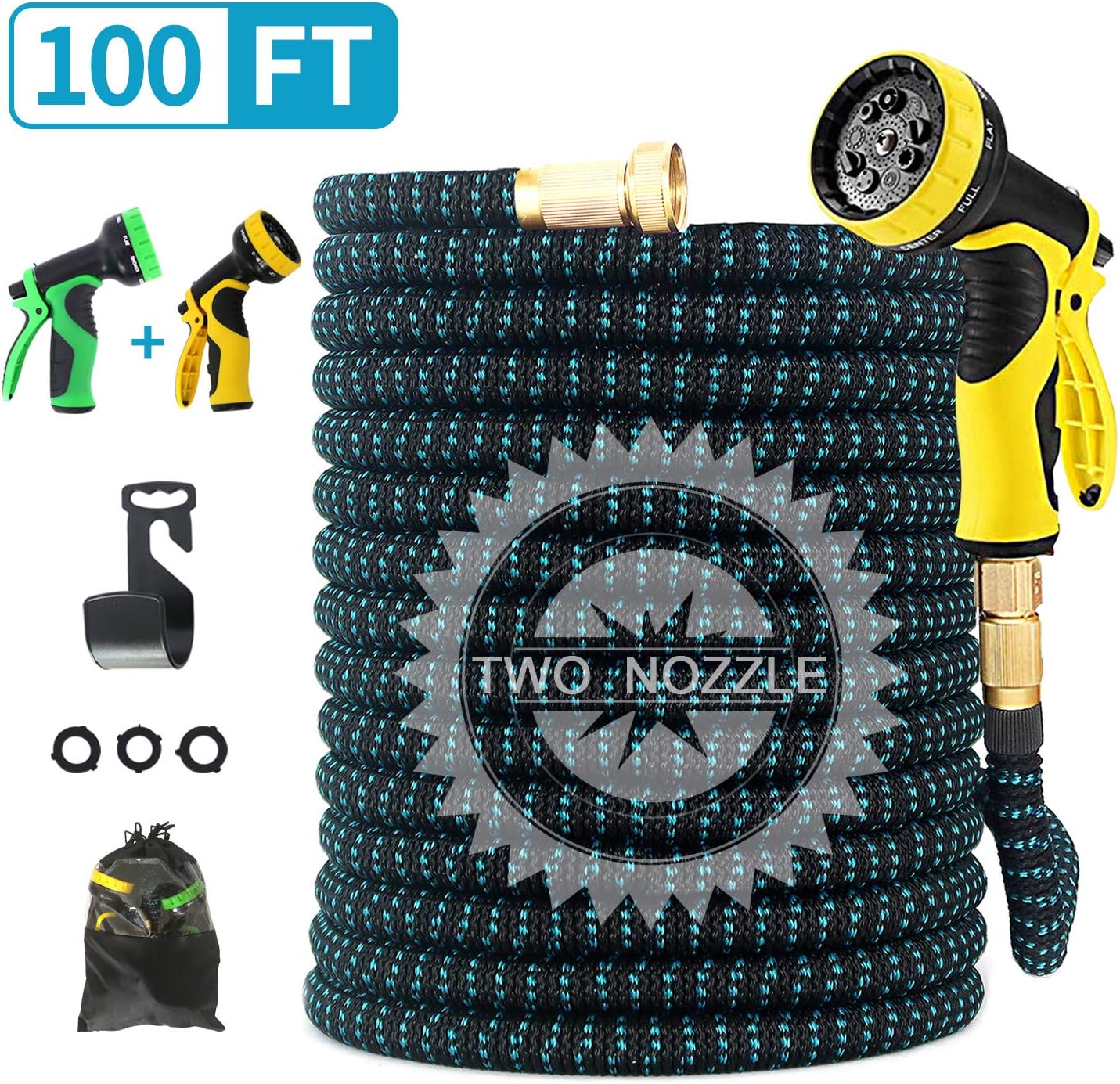 FIENVO 75 ft Upgraded Expandable Durable No-Kink Flexible Garden Water Hose Set with Extra Strength Fabric Triple Layer Latex Core, 3/4" Solid Brass Connectors 9 Function Spray Hose Nozzle : Garden & Outdoor