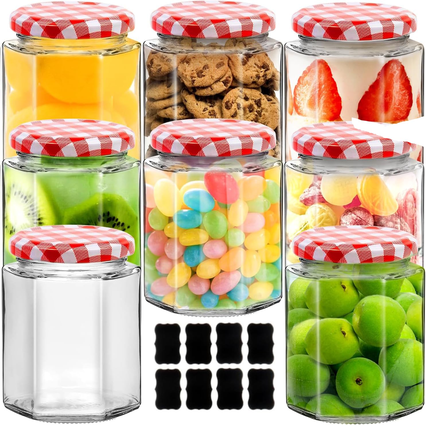 Glass Jam Jars 280ml (9oz) with Red Gingham Lid & Labels - Hexagonal Preserving Jars with Airtight Seal - Clear Storage Jars for Homemade Jam, Pickles, Chutney, Honey, Coffee & Bulk Foods - 8 Set
