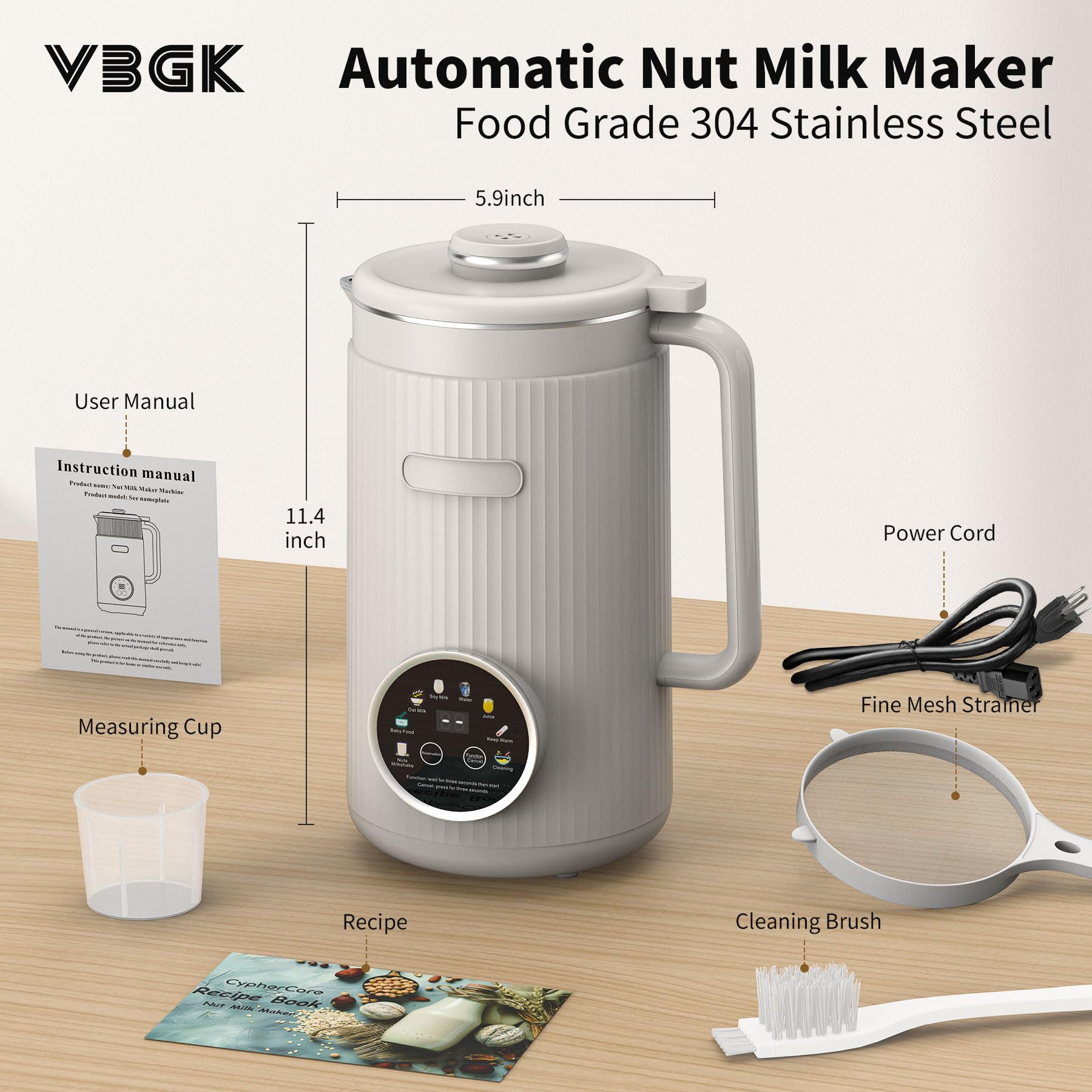 VBGK Licuadora automática para hacer leche de nueces 8 en 1 con 20 cuchillas, 40 oz de coco casero, soja, avena, almendras, leches a base de plantas y bebidas no lácteas con inicio retardado de 18 horas/mantener caliente/hervir agua/autolimpieza