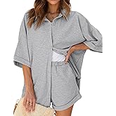 Ekouaer Waffle Knit Lounge Sets for Women Short Sleeve Pajamas Button Down Pjs Oversized Loungewear Shorts Set