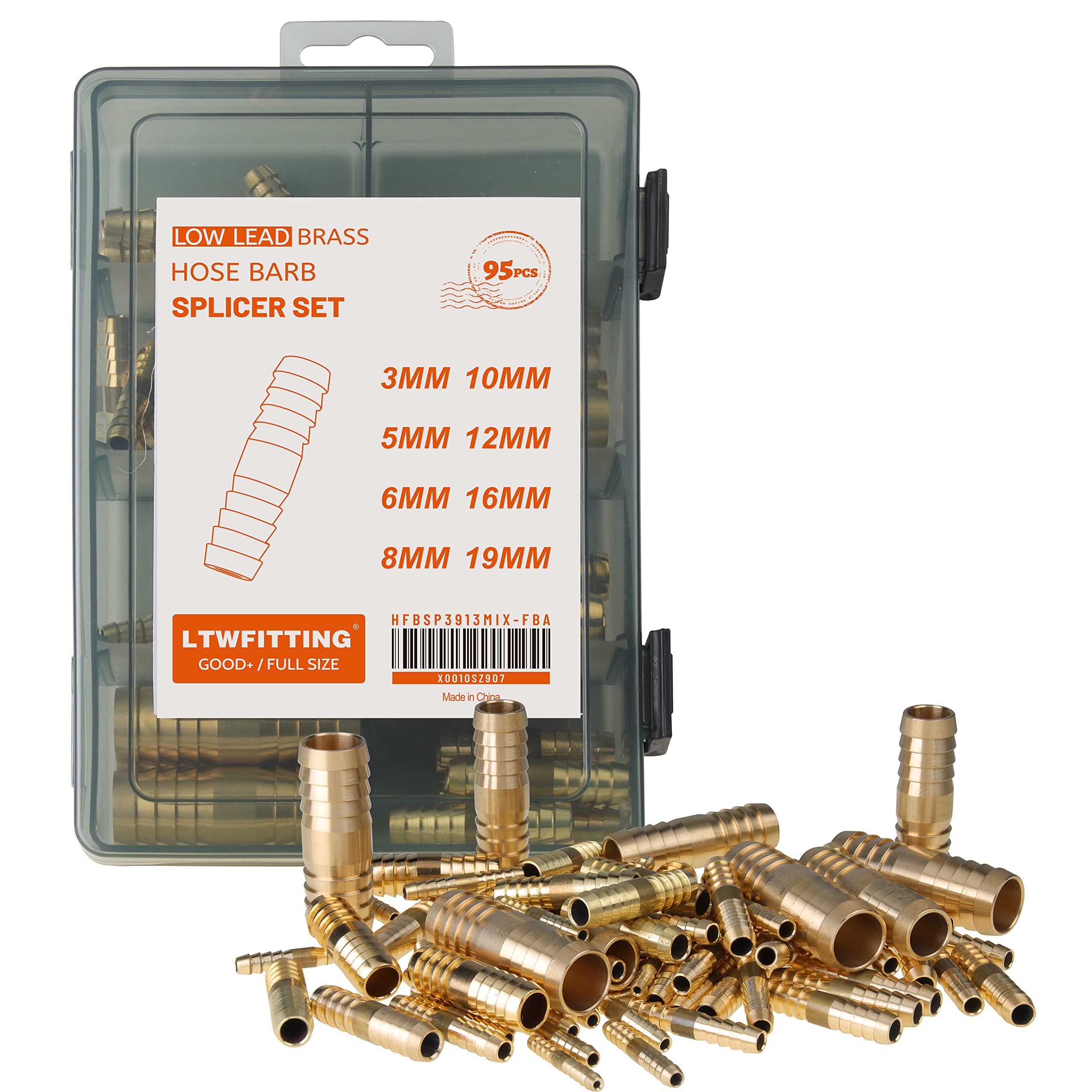 LTWFITTING Brass Hose Barbed Fitting Sets 3mm 5mm 6mm 8mm 10mm 12mm 16mm 19mm ID 2 Way Hose Connector Set (Pack of 95)